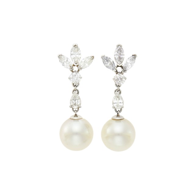 Pair of Platinum, Diamond and South Sea Cultured Pearl Pendant-Earclips