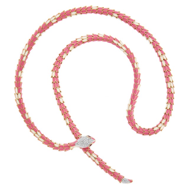 Alexis Rose Gold Plated-Silver, Pink and White Enamel, Diamond and Ruby Snake Necklace/Belt