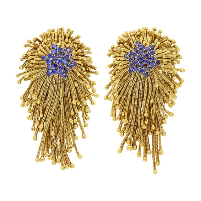 Pair of Gold and Sapphire Chain Fringe Earclips