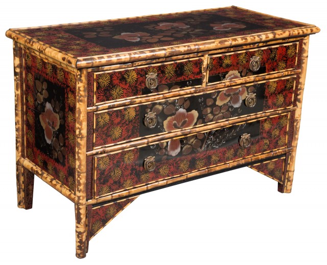 Polychrome-Painted and Bamboo Chest of Drawers
