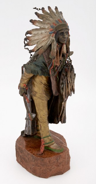 Austrian Cold-Painted Bronze and Stone Figure of a Native Indian Entitled Standing Chief