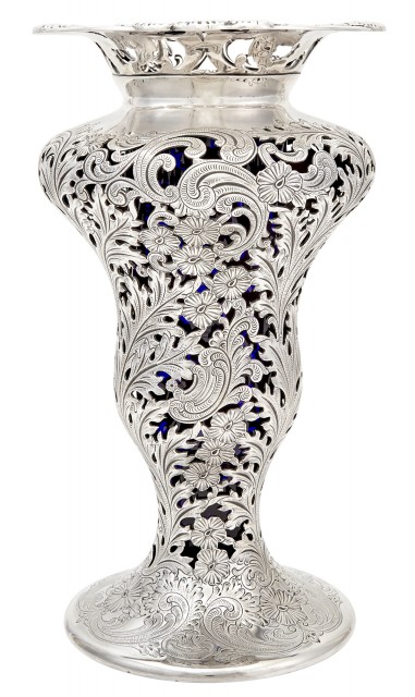Birks Sterling Silver and Cobalt Glass Vase