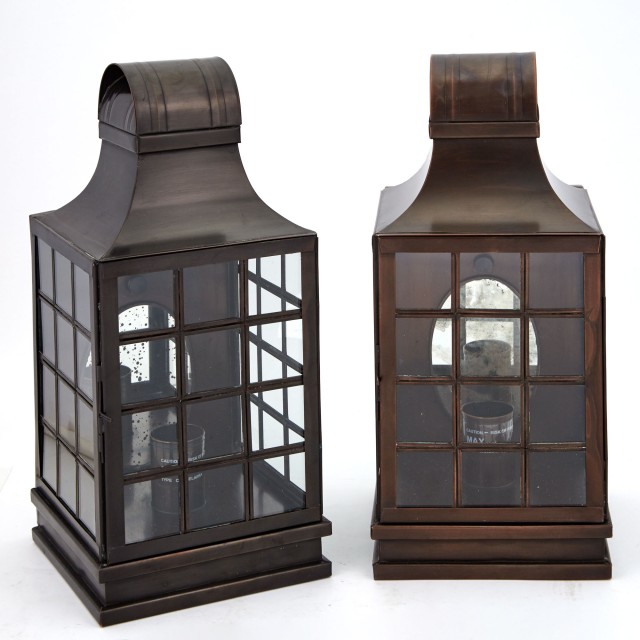 Pair of JAIL Patinated Metal and Glass Lantern-Form Single-Light Wall Lights