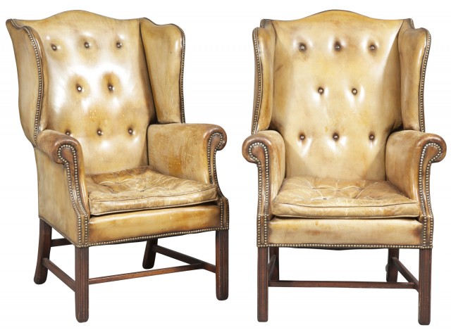 Pair of George III Style Leather-Upholstered Mahogany Wing Armchairs