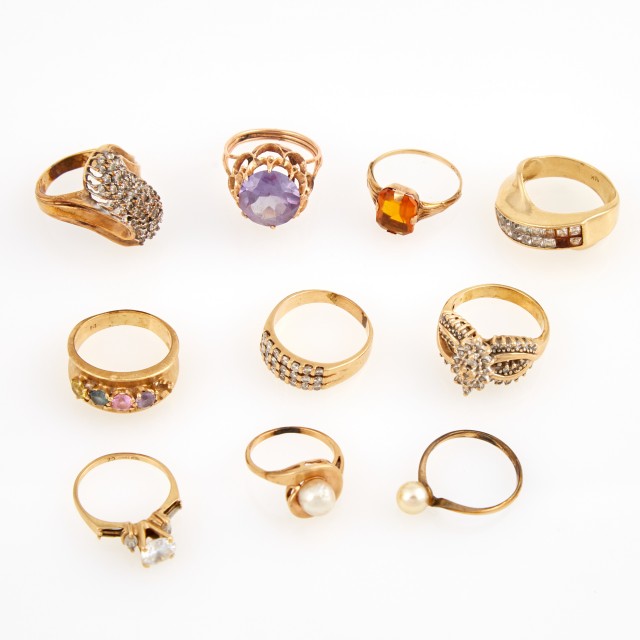 Diamond Ring, Nine Gold, Stone and Bead Rings, 14K 23 dwt. and 10K 5 dwt. all, stones missing