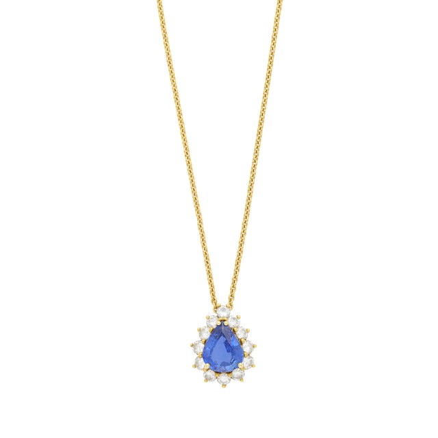 Gold, Sapphire and Diamond Pendant with Gold Chain Necklace