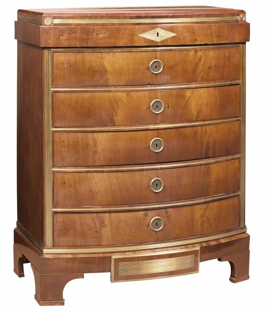 Baltic Neoclassical Brass-Mounted Mahogany Chest of Drawers on Stand