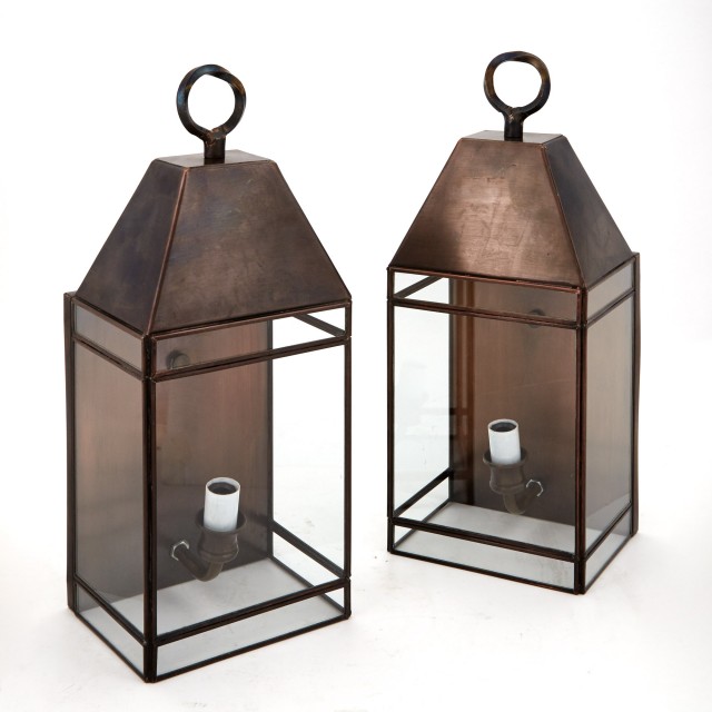 Pair of Patinated Metal and Glass Lantern-Form Monterey Single-Light Wall Lights