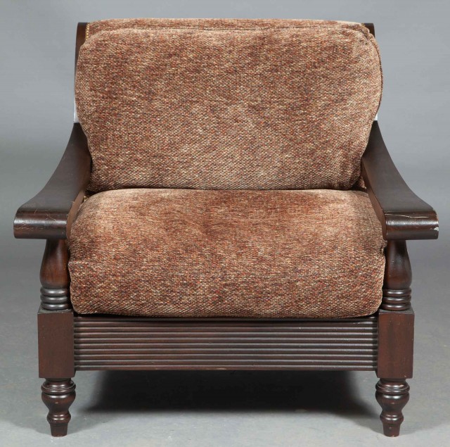 Pair of Stained Wood Upholstered Armchairs and an Ottoman