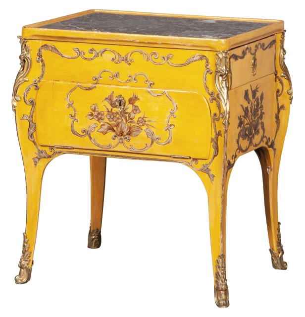 French Provincial Gilt-Metal Mounted Yellow-Painted and Parcel-Gilt Marble Top Small Commode
