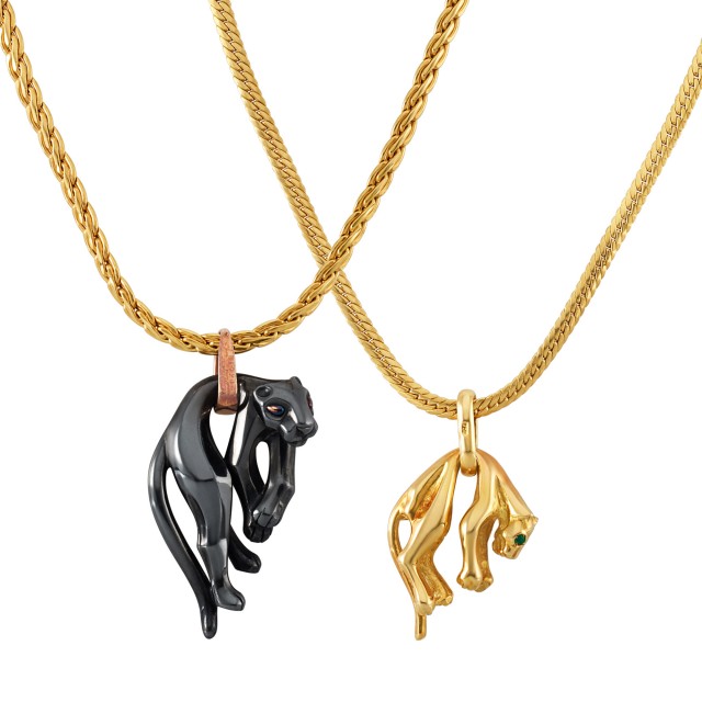 Gold Panther Pendant, Cartier and Silverium Panther Pendant with Two Gold Chains