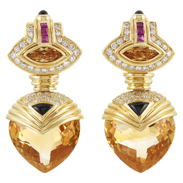 Pair of Gold, Diamond, Citrine, Onyx and Ruby Pendant Earclips