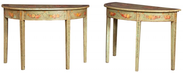 Pair of George III Style Painted Demilune Consoles