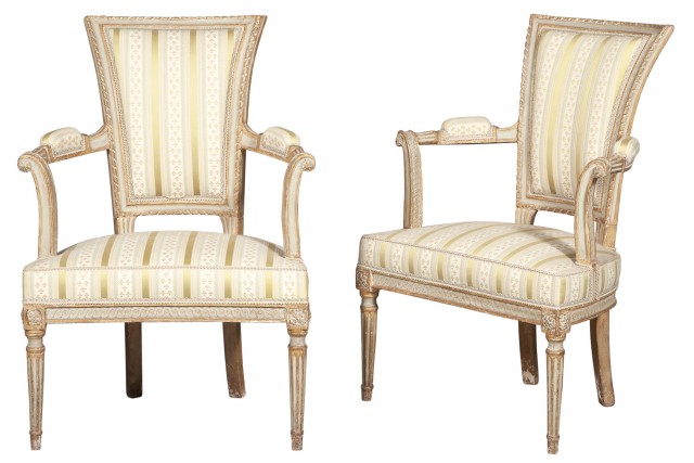 Pair of Louis XVI Painted and Parcel-Gilt Fauteuils