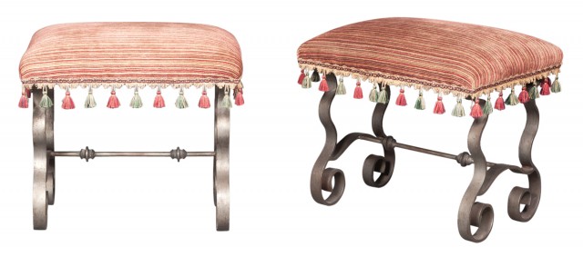Pair of Velvet-Upholstered Wrought-Iron Stools