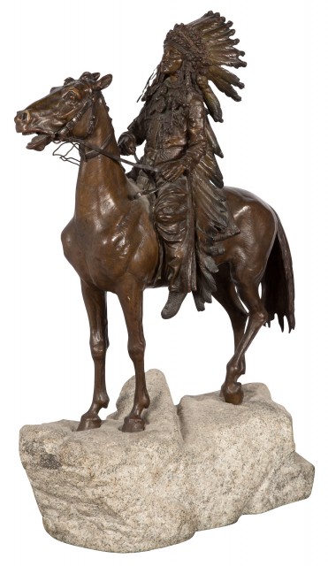 Patinated Bronze Equestrian Group Modelled as an American Indian Chief on a Stallion on a Naturalistic Stone Base