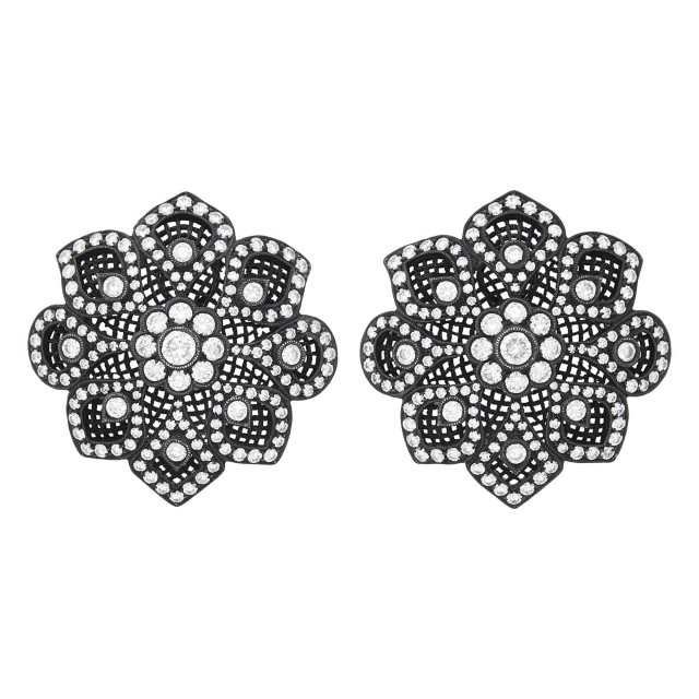 Carnet Pair of Blackened Silver, White Gold and Diamond Flower Earclips
