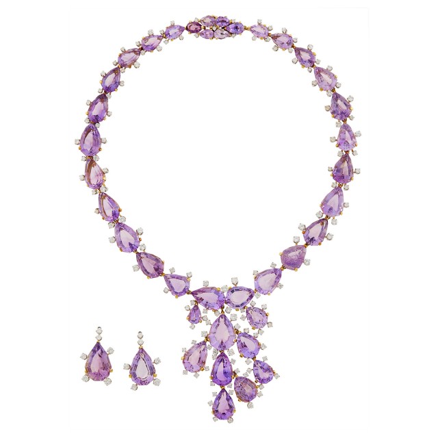 Gold, Platinum, Amethyst and Diamond Necklace and Pair of Pendants
