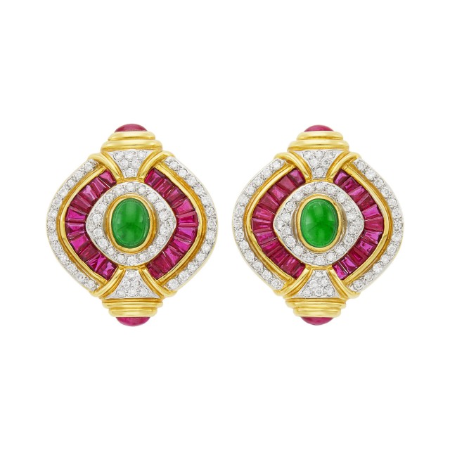 Pair of Two-Color Gold, Ruby, Emerald and Diamond Earclips