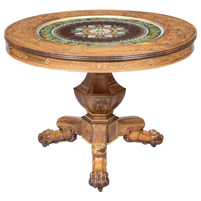 Charles X Rosewood Marquetry and Verre Eglomisé Center Table