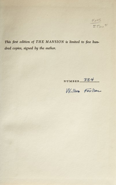 FAULKNER, WILLIAM  The Mansion.