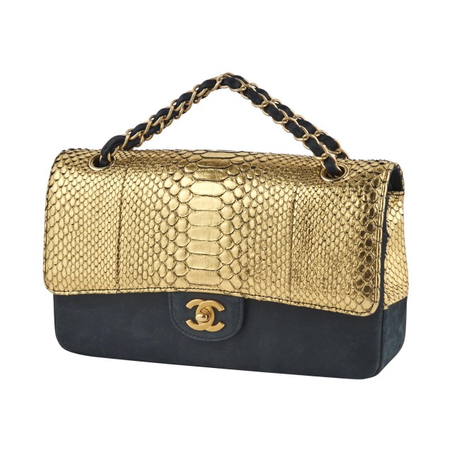 Chanel Black Suede and Gold Python Double Flap Bag