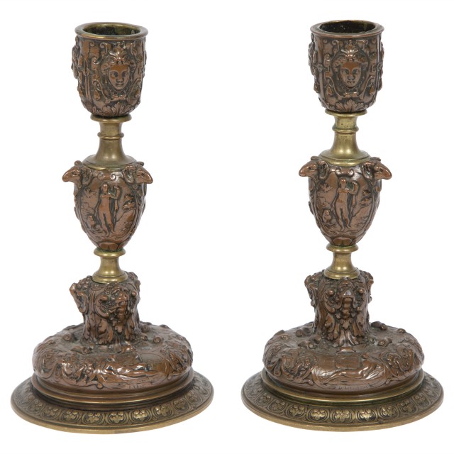Pair of Renaissance Style Brass and Bronze Candlesticks