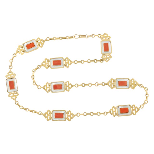 Long Gold, Mother-of-Pearl and Coral Fancy Link Chain Necklace, Cartier
