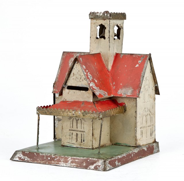 Architectural Still Bank with Large Bell Tower Tin Toy