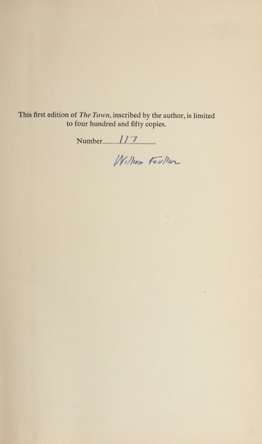 FAULKNER, WILLIAM  The Town.