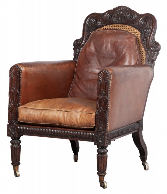 Anglo-Indian Caned and Leather-Upholstered Hardwood Bergere