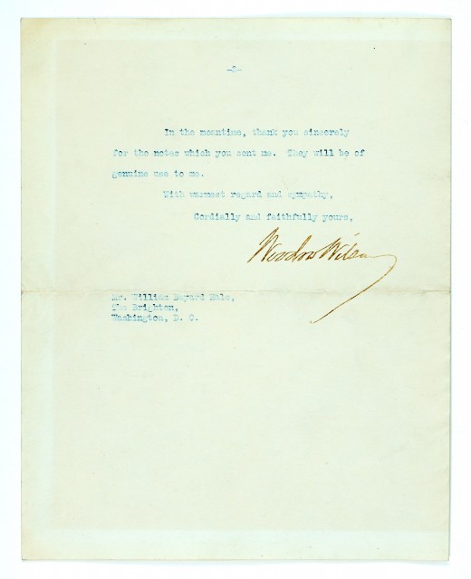 WILSON, WOODROW  Typed letter signed as President to William Bayard Hale.