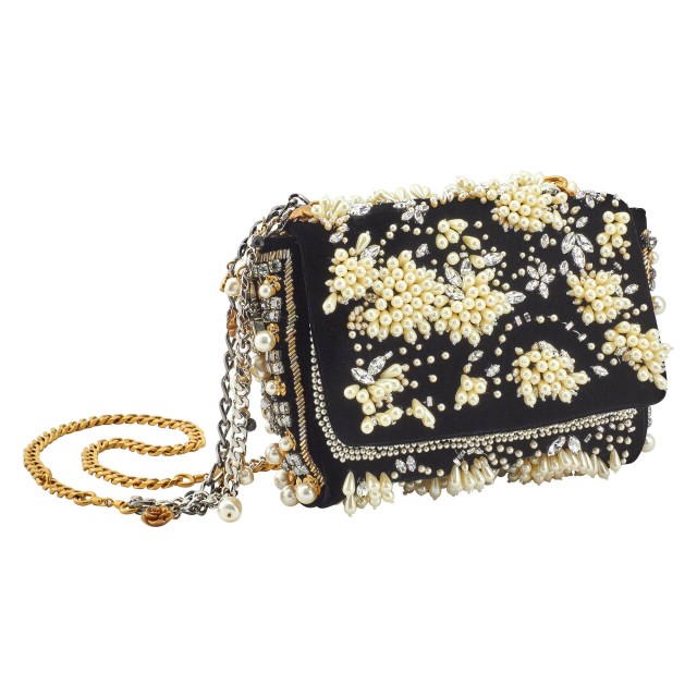 Dolce and Gabbana Black Velvet, Crystal and Imitation Pearl Flap Bag