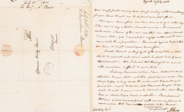 BURR, AARON  Autograph letter signed to Ephraim Kirby.