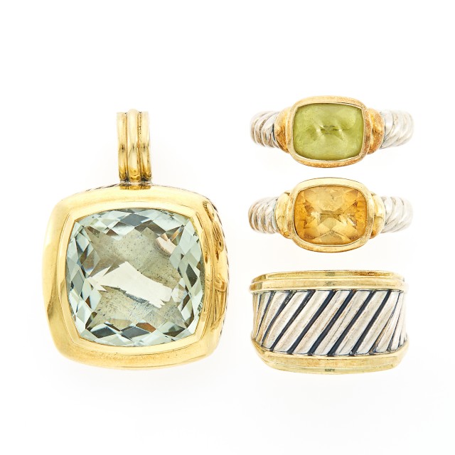 David Yurman Three Silver, Gold and Gem-Set Rings and Pendant