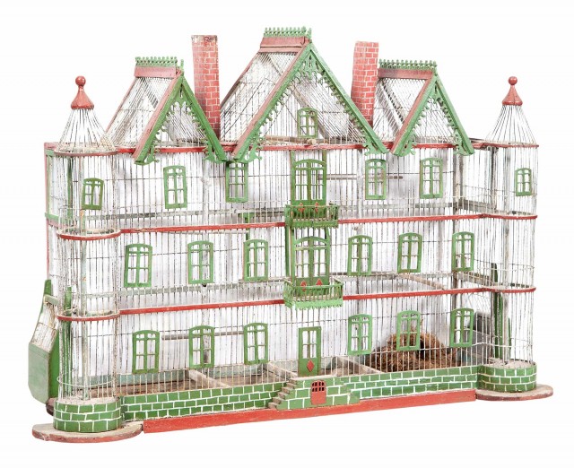 Painted Wood and Wire Four-Story Architectural Birdcage