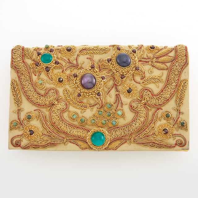 Satin, Silver and Gold Thread, Gem-Set and Glass Clutch