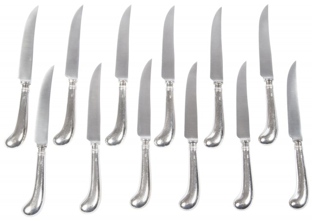 Set of Twelve English Sterling Silver Steak Knives