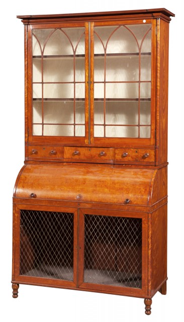 George III Satinwood Cylinder Bureau Bookcase