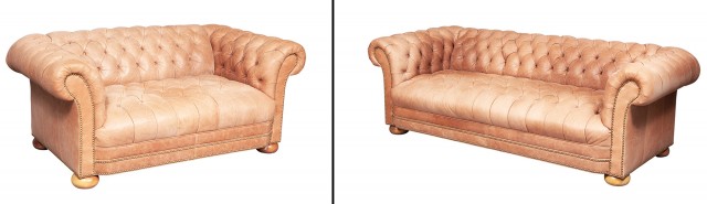 Two Similar Brown Leather-Tufted Chesterfield Sofas