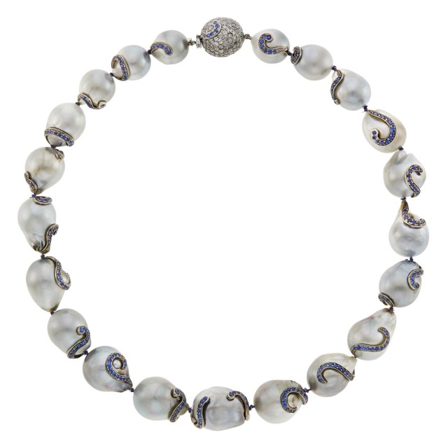 Blackened Gold, Gray Baroque Cultured Pearl, Sapphire and Diamond Necklace