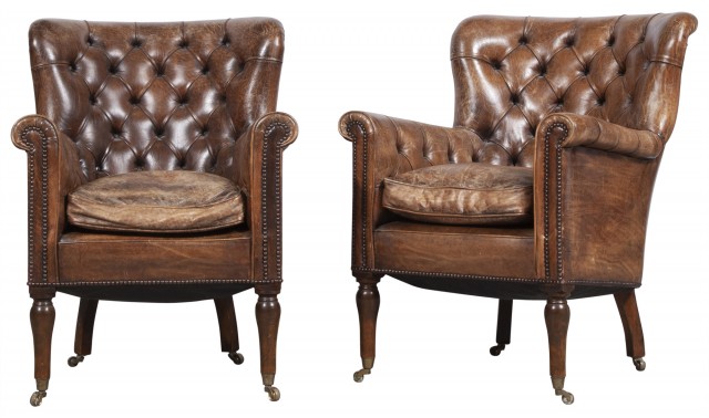 Pair of Regency Tufted Leather Upholstered Mahogany Armchairs
