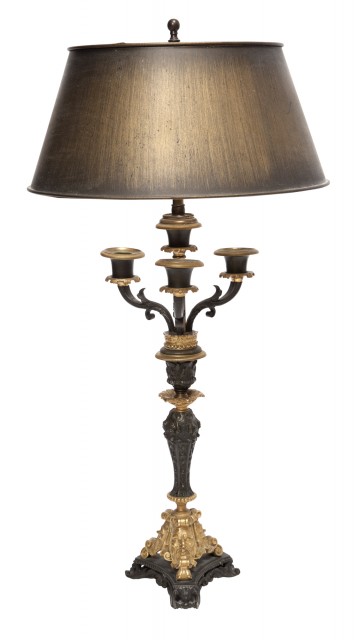 Renaissance Revival Gilt and Patinated Metal Candlestick Mounted as Lamp