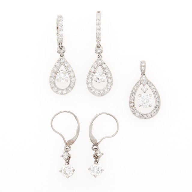Two Pairs of White Gold and Diamond Pendant-Earrings and Pendant