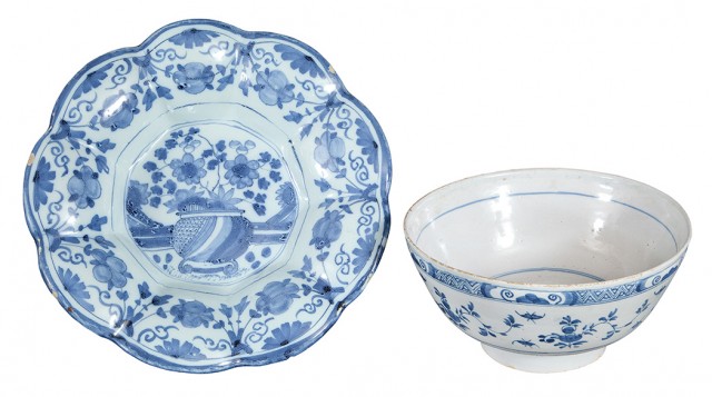 English Delft Blue and White Dish; Together with a English Delft Punch Bowl