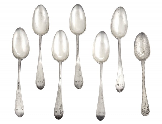Set of Six American Colonial Silver Tablespoons