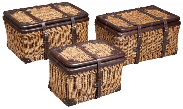 Three Pierre Deux Leather-Trimmed Wicker Graduated Boxes