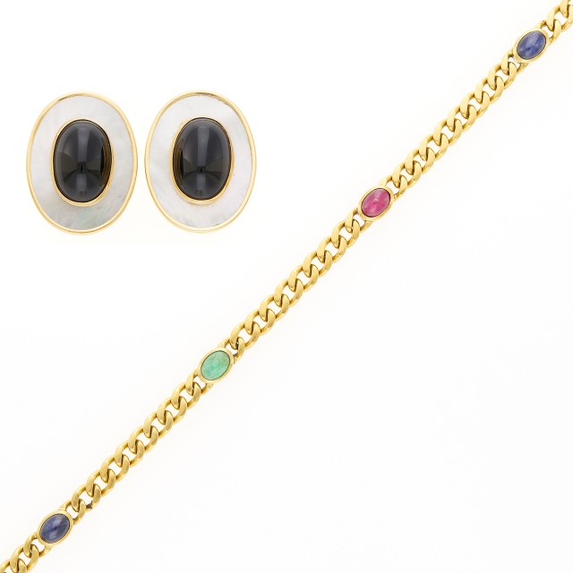 Pair of Gold, Black Onyx and Mother-of-Pearl Earrings and Cabochon Colored Stone Bracelet