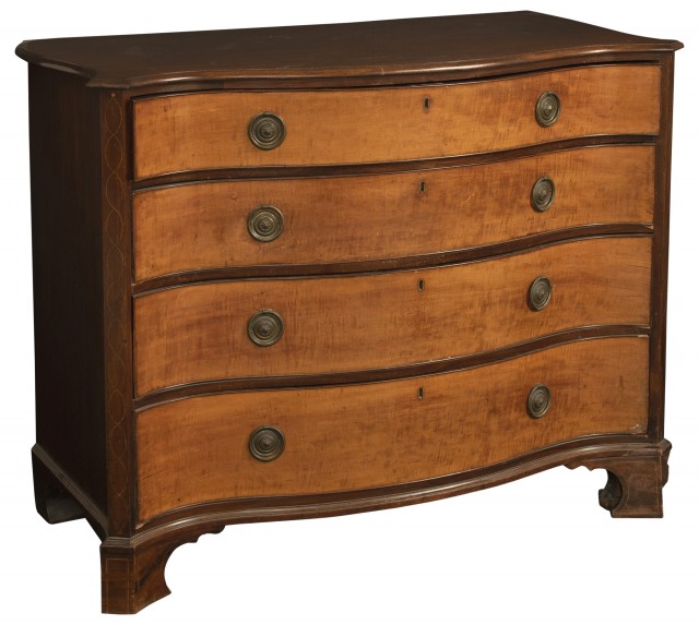 George III Mahogany and Satinwood Serpentine Front Chest of Drawers