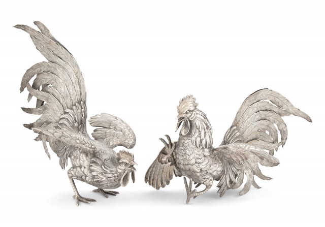 Pair of Continental Silver Plated Figures of Fighting Cockerels